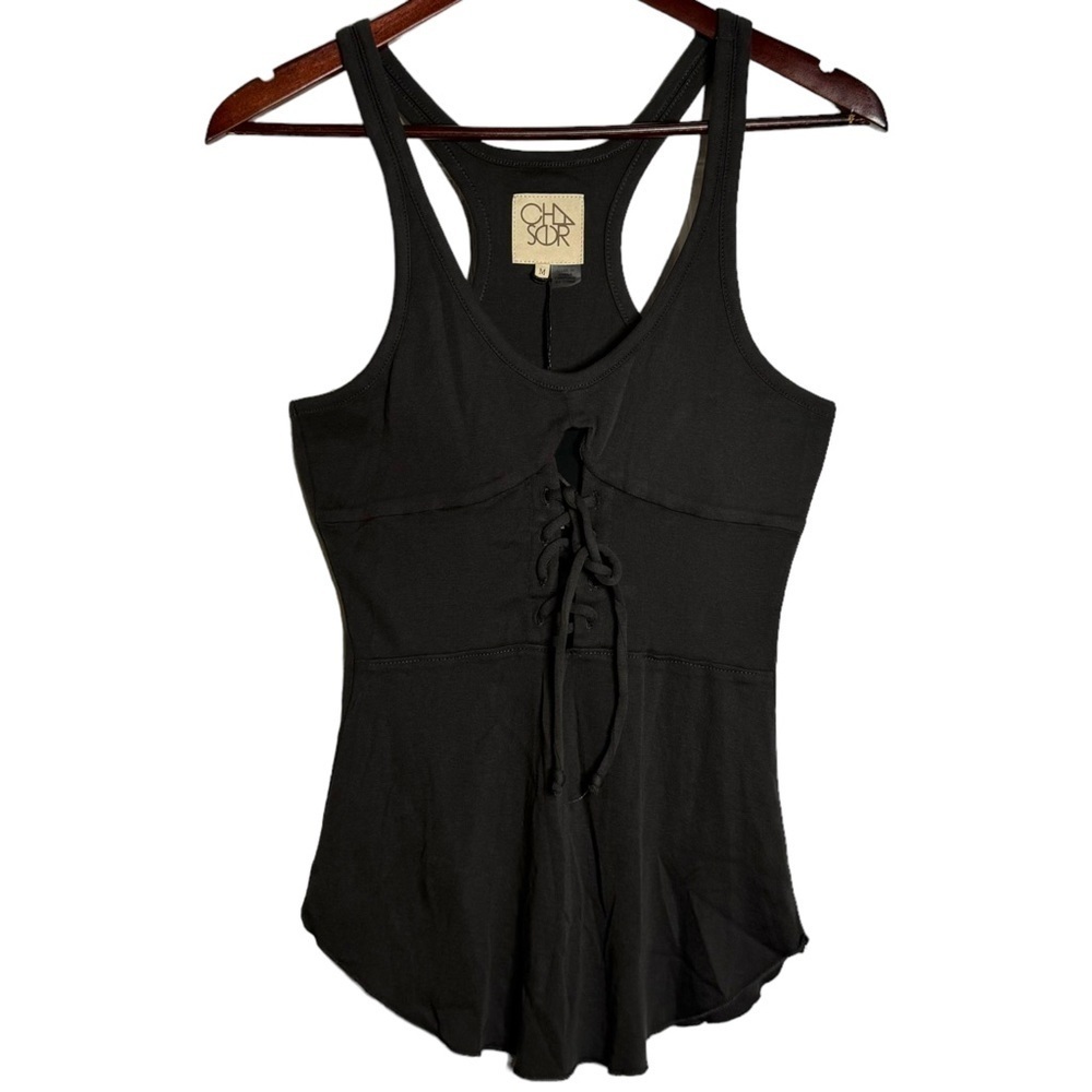 Chaser Racerback Tank Top Corset Front Curved Hem Faded Black Medium